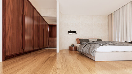 Modern bedroom with walnut wardrobe and textured walls