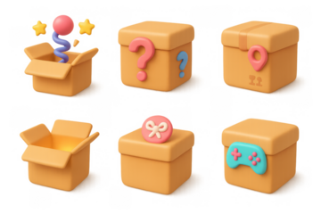 Creative cartoon box icons collection for decorative and design use