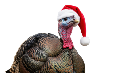 Wild Turkey Wearing Red Santa Hat for Christmas Holiday Celebration isolated PNG with Transparent Background