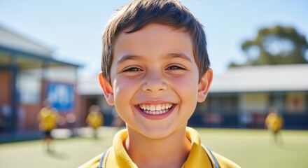Young boy in school uniform smiles at camera with blurred schoolyard background. Portrait of elementary student on a sunny day.