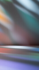 Stained glass light background for product presentation with colorful reflections and shadows on wall.	