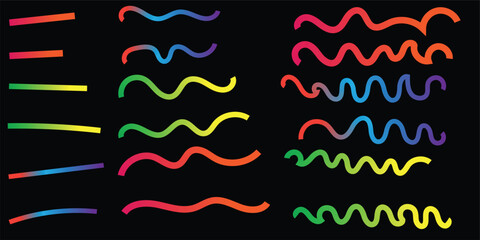 Set of Wavy Neon Gradient Lines on Black | Abstract Curved Light Trails, Colorful Graphic Design Elements, Vibrant Swirls and Zigzags.