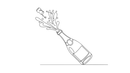 A minimalist line drawing depicts a champagne bottle with its cork popping out and a splash of liquid erupting from the opening.