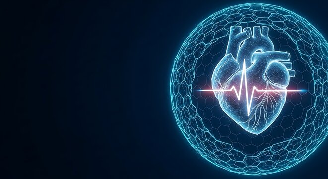 Futuristic digital illustration of a human heart with a heartbeat indicator inside a protective futuristic shield on dark blue background - Powered by Adobe
