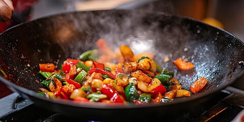 The chef skillfully stirs vibrant vegetables in a sizzling wok, capturing the essence of dynamic cooking.