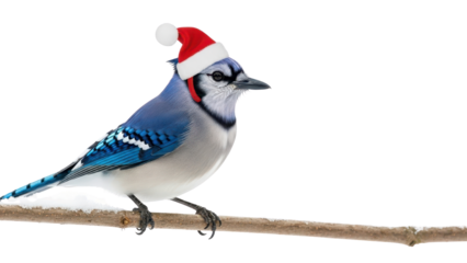 Festive Blue Jay Bird Wearing Red Santa Hat Perched on Winter Branch isolated PNG with Transparent Background