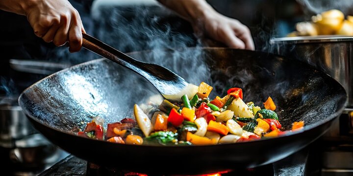 The chef skillfully stirs vibrant vegetables in a sizzling wok, capturing the essence of dynamic cooking. - Powered by Adobe