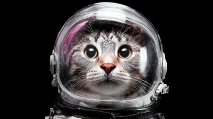 Cat in astronaut suit prepares for space journey on black background