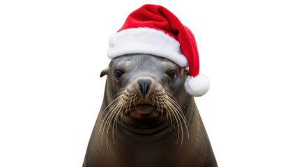 Cute Sea Lion Wearing a Red Santa Hat for Christmas Holiday Celebration isolated PNG with Transparent Background