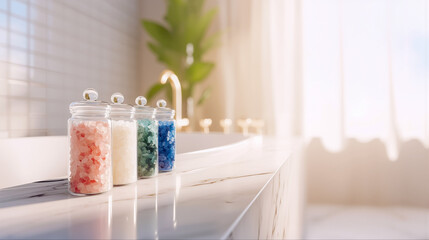 自然光が差し込む明るいバスルームの大理石の上に並べられたカラフルなバスソルトのガラス瓶