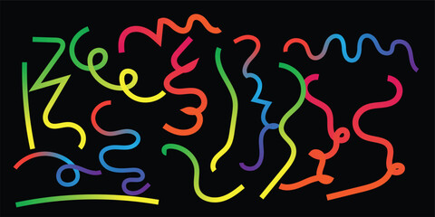 Abstract Neon Glowing Wavy Lines on Black Background | Colorful Digital Art, Futuristic Wave, Vibrant Light Trails Vector Illustration.