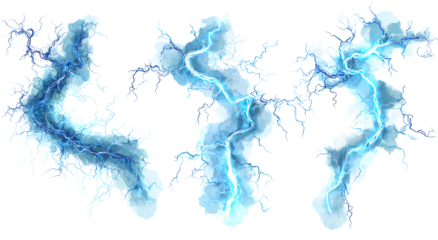 Three blue lightning bolts with electricity and energy against a transparent background, dynamic power
