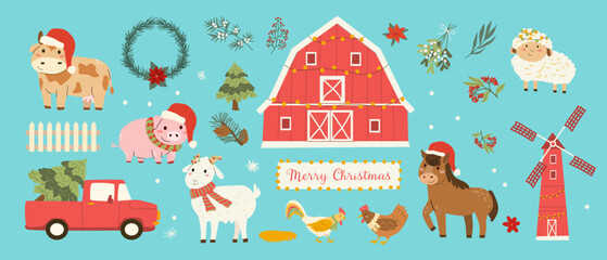 Christmas farm animals and farmhouse, red car with spruce tree, windmill with xmas decorations. Christmas cartoon stickers with domestic animals and birds. Horse, cow and pig in santa hat. xmas plants