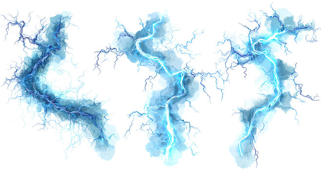 Three blue lightning bolts with electricity and energy against a transparent background, dynamic power - Powered by Adobe