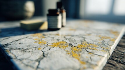 Naklejka premium Focus on small items with cracked marble and yellow details on a table