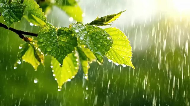 Gentle Spring Rain on Fresh Green Leaves with Water Droplets
