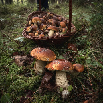 flechtkorb mit pilzen frisch gesammelt im wald essbare speisepilze lecker frisch pilzsammler