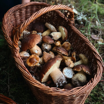 flechtkorb mit pilzen frisch gesammelt im wald essbare speisepilze lecker frisch pilzsammler