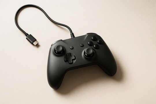 Black wired game controller with USB-C connector lying on light beige surface in minimalistic style, top view mockup for tech design concepts. Ai generative - Powered by Adobe