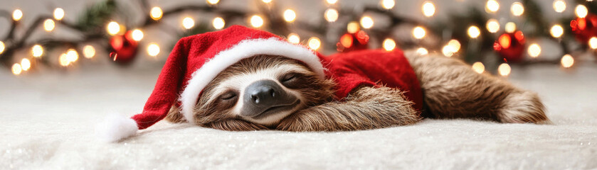 Naklejka premium Sloth wearing red santa hat and costume lies on soft white carpet with christmas lights and ornaments in background