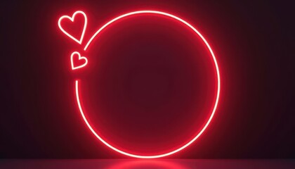 Valentine Day Concept. A glowing red neon circle with two hearts, creating a romantic and modern ambiance against a dark background.