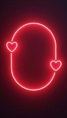 Valentine Day Concept. A glowing red neon sign featuring an oval shape intertwined with two heart symbols, creating a romantic and vibrant atmosphere.