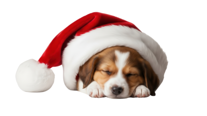 Sweet Christmas Puppy Sleeping Soundly in Festive Red Santa Hat isolated PNG with Transparent Background
