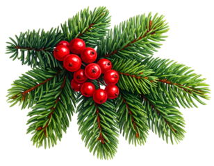 Christmas pine branch with berries isolated on transparent background