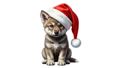 Adorable Cute Baby Wolf Pup Wearing Red Santa Hat Illustration isolated PNG with Transparent Background