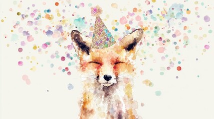 Naklejka premium Cute fox wearing a party hat with colorful confetti in the background