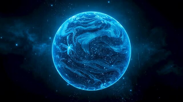 Glowing blue planet formed by energetic swirling particles floating in deep space with cosmic light textures and atmospheric motion effects