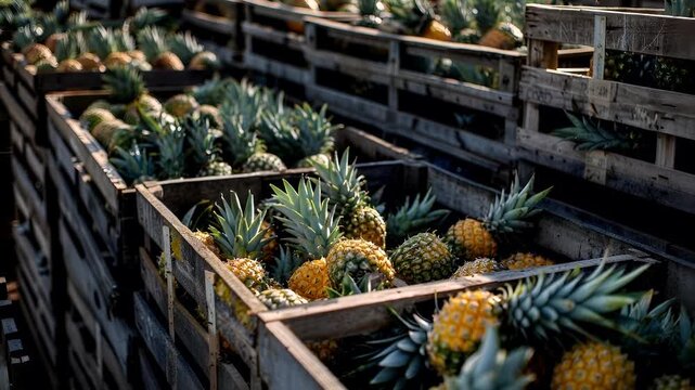 pineapples in wooden crates at a market stall.