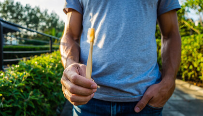 Man holding an eco-friendly bamboo toothbrush outdoors, promoting sustainable oral hygiene practices.