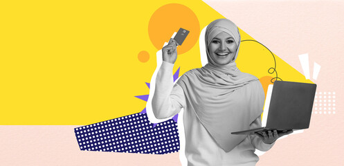 A joyful woman wearing a hijab holds a credit card in one hand and a laptop in the other. Bright colors and geometric shapes create a lively background. She showcases excitement for online shopping.