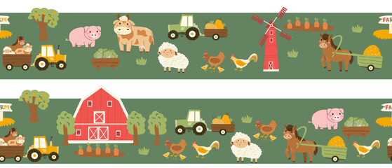 Fototapeta premium Vector farm border on green background. Farm house and mill, domestic animals - cows, sheep, horse and chickens. Cartoon farm horizontal border.