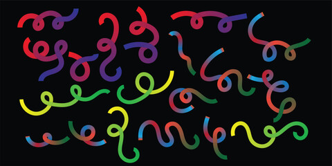 Colorful Abstract Wavy Line Shapes on Black Background &ndash; Vibrant Curved Strokes, Neon Fluid Scribbles, Modern Digital Art Pattern Illustration.