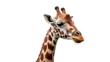 Giraffe head with distinctive spots, showcasing gentle expression and large eyes, set against transparent background