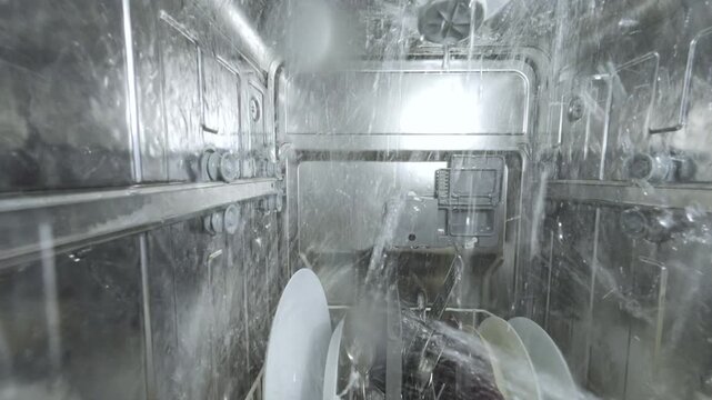 Inside view of a running dishwasher with water spraying over dishes and utensils, creating a dynamic underwater-like perspective from a camera mounted inside the machine