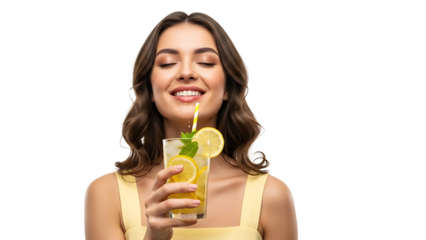 A woman taking a moment to enjoy a refreshing lemonade. She has a happy expression as she sips from a glass of iced lemonade, decorated with mint and lemon slices.