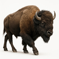 Fototapeta premium Powerful bison walking with thick brown fur and curved horns, showing strength and natural beauty in hyper realistic style