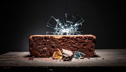 Red clay brick shattering glass on impact with shards flying on dark surface.