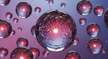 Futuristic network of glowing orbs connected by red lines representing data transfer in digital technology