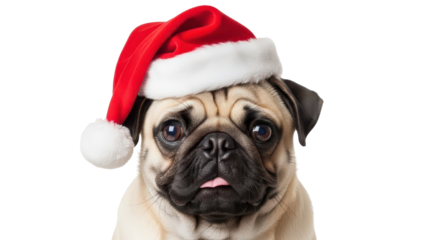 Adorable Pug Dog Wearing a Festive Red Christmas Santa Hat isolated PNG with Transparent Background