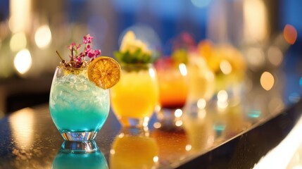 Colorful cocktails on bar during evening event with soft lighting