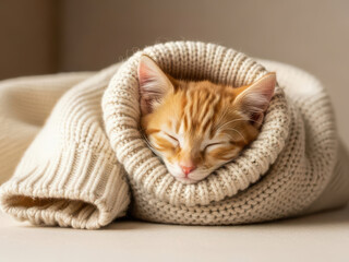 暖かいニットの中で丸くなって眠る茶トラの子猫