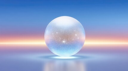 Abstract glowing sphere with dotted surface floating over calm water, reflecting colors of dawn in a serene landscape, suitable for technology or design themes