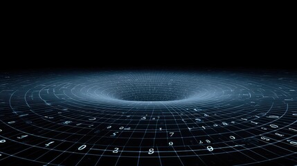 Digital representation of a swirling vortex with numbers and grid lines, symbolizing data analysis, technology, and abstract concepts of infinity and depth