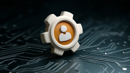 Unique gear icon with user symbol on dark circuit board background, representing technology, innovation, and digital communication in modern design