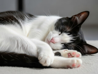 気持ちよさそうに眠る黒白ハチワレ猫のクローズアップ