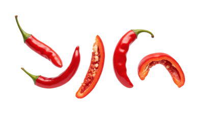 Fresh red chili peppers, vibrant and spicy, displayed in various forms, showcasing their rich color and texture